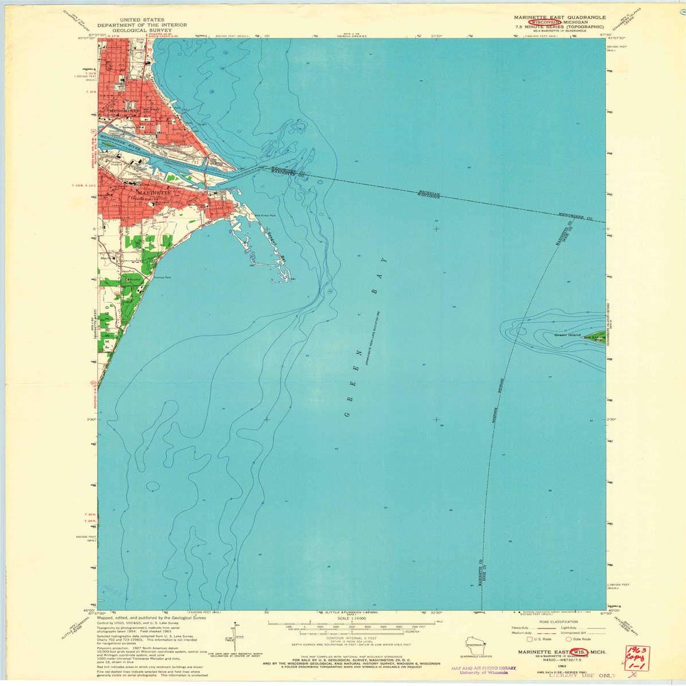 YellowMaps Marinette East WI topo map, 1:24000 Scale, 7.5 X 7.5 Minute, Historical, 1963, Updated 1964, 27.32 x 21.81 in - Tyvek