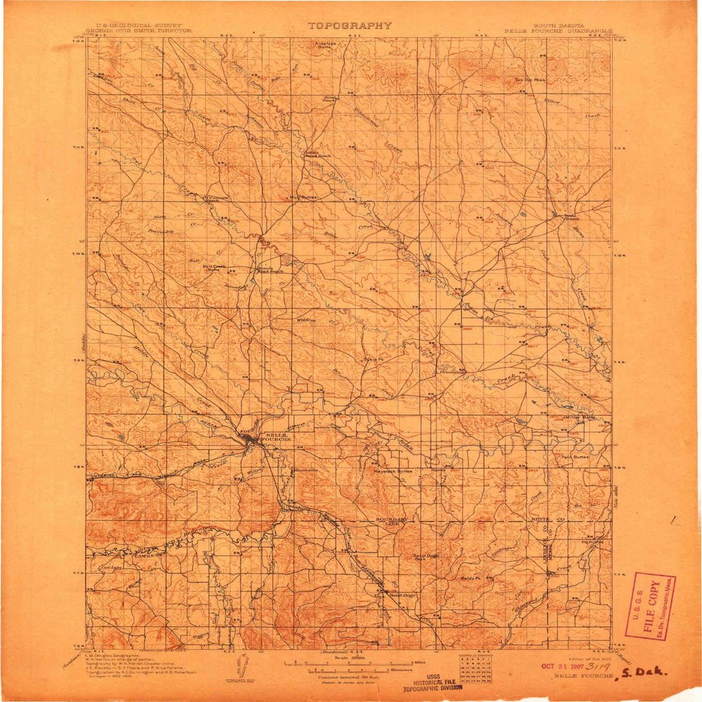 YellowMaps Belle Fourche SD topo map, 1:125000 Scale, 30 X 30 Minute, Historical, 1907, 20.1 x 16.7 in - Tyvek