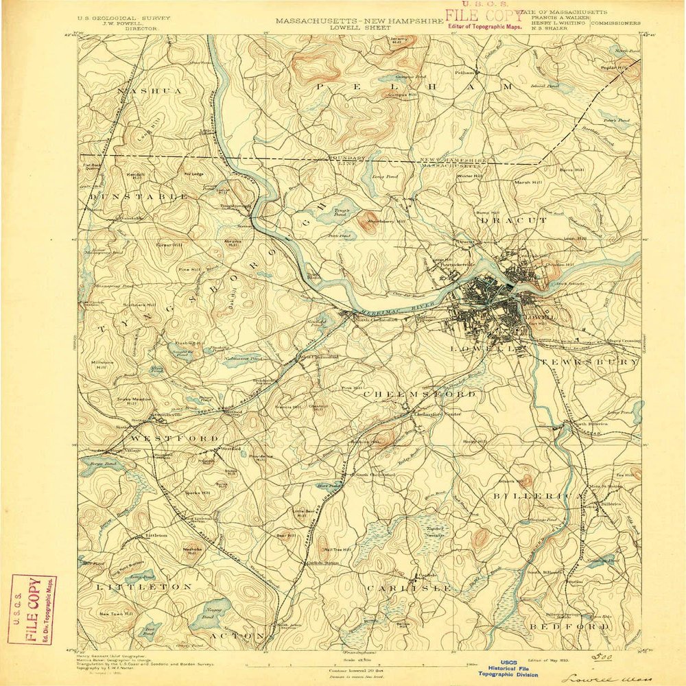 Lowell MA topo map, 1:62500 Scale, 15 X 15 Minute, Historical, 1893, 19.5 x 15.7 in - Polypropylene