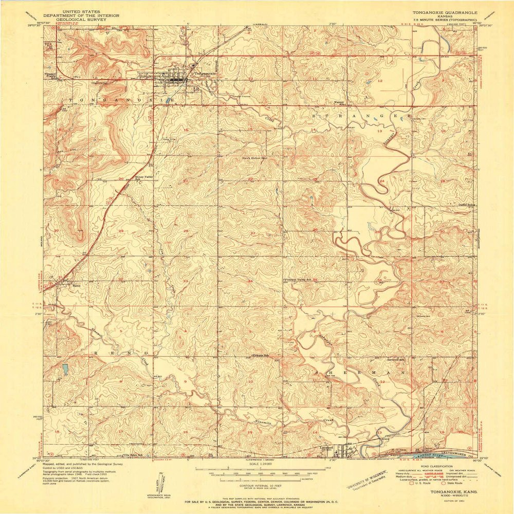 YellowMaps Tonganoxie KS topo map, 1:24000 Scale, 7.5 X 7.5 Minute, Historical, 1951, 27.04 x 21.01 in - Tyvek