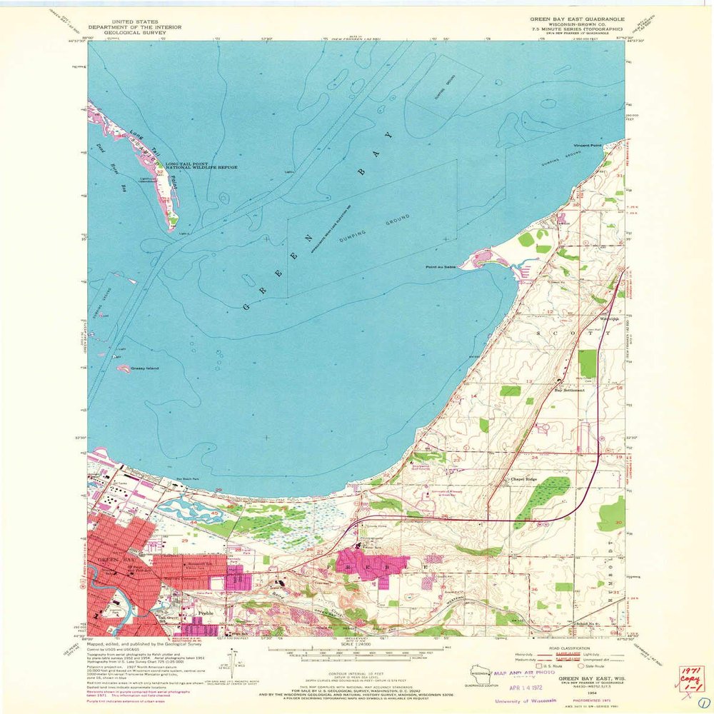 YellowMaps Green Bay East WI topo map, 1:24000 Scale, 7.5 X 7.5 Minute, Historical, 1954, Updated 1972, 27.32 x 21.63 in - Polypropylene