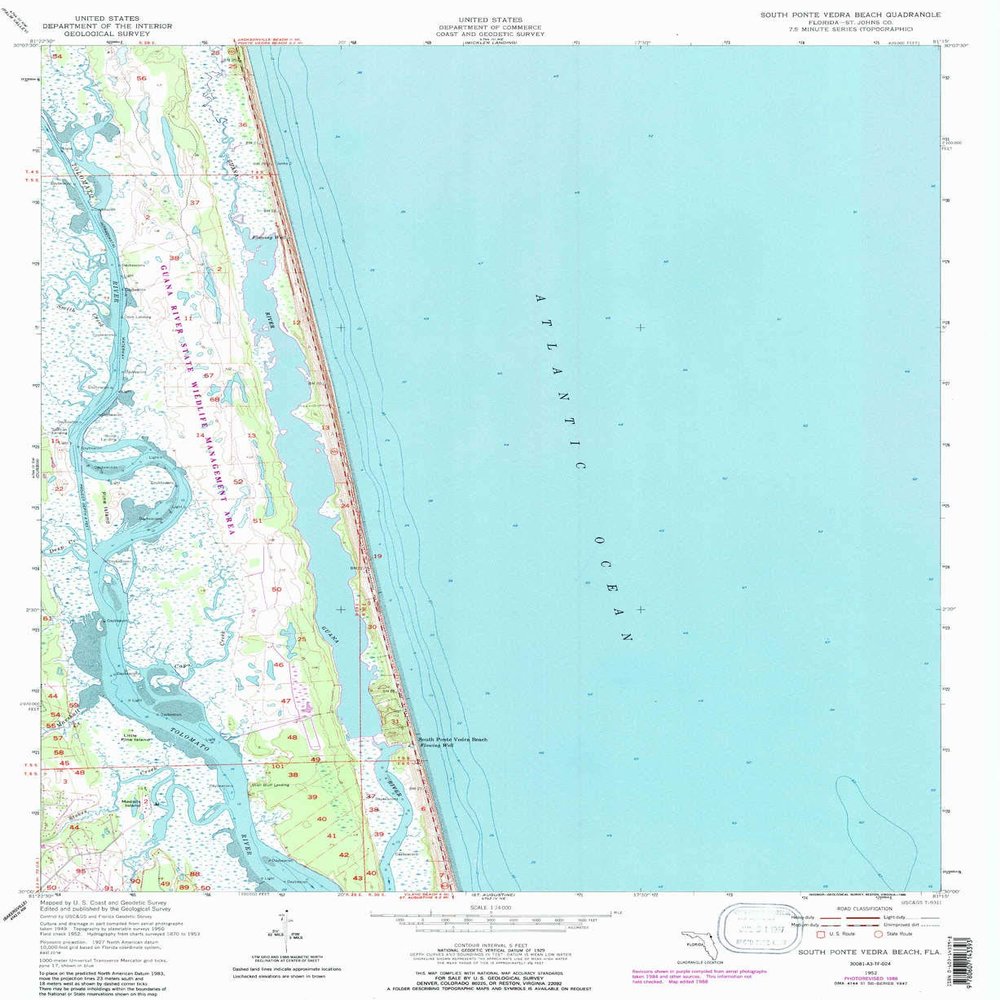YellowMaps South Ponte Vedra Beach FL topo map, 1:24000 Scale, 7.5 X 7.5 Minute, Historical, 1952, Updated 1988, 26.9 x 22 in - Tyvek