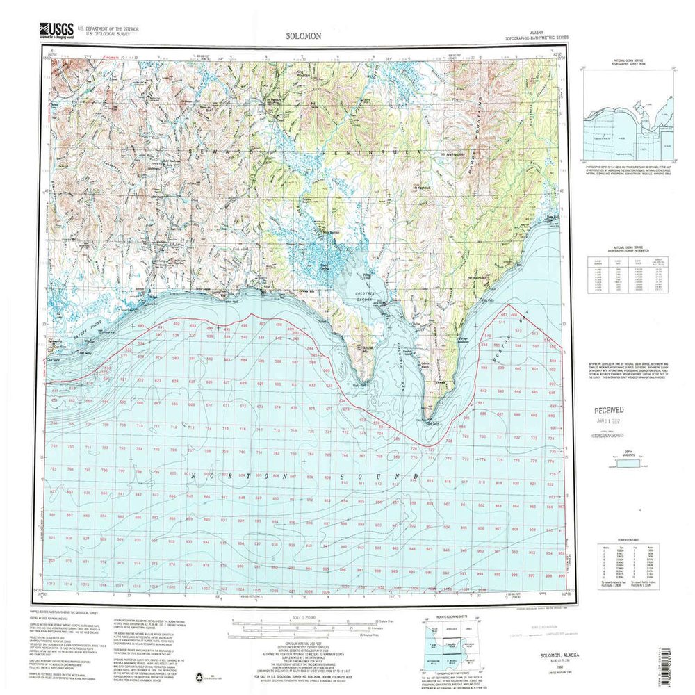 YellowMaps Solomon AK topo map, 1:250000 Scale, 1 X 3 Degree, Historical, 1950, Updated 1985, 22.9 x 30.7 in - Tyvek
