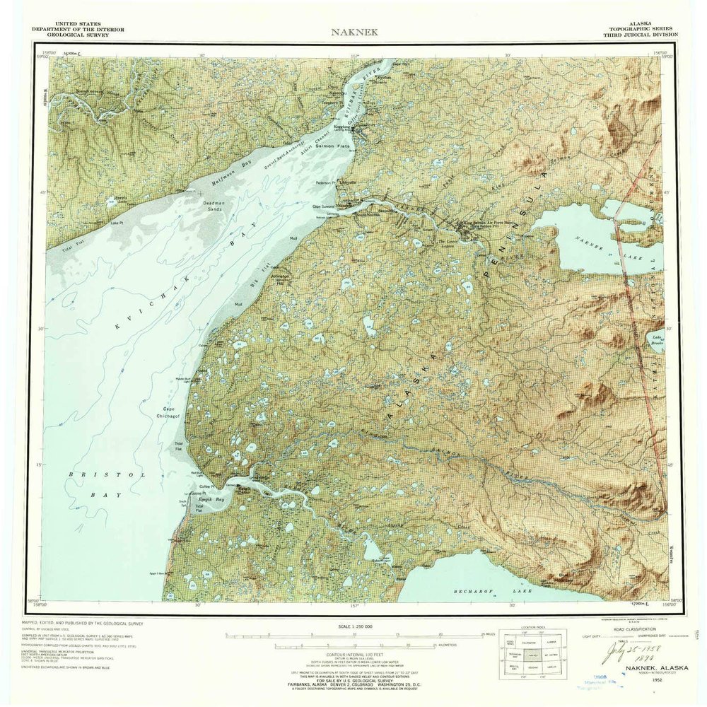 YellowMaps Naknek AK topo map, 1:250000 Scale, 1 X 2 Degree, Historical, 1952, Updated 1958, 22.8 x 20.9 in - Polypropylene