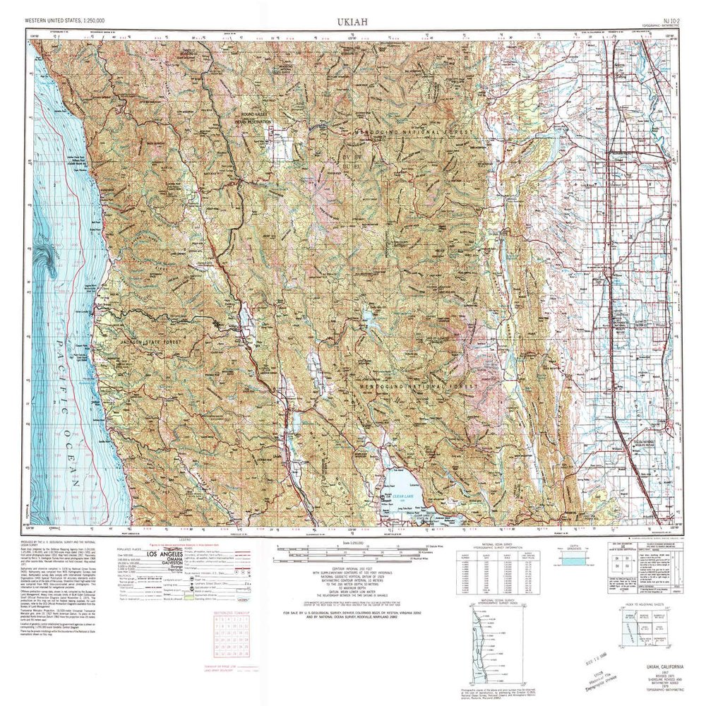 YellowMaps Ukiah CA topo map, 1:250000 Scale, 1 X 2 Degree, Historical, 1957, Updated 1980, 25.4 x 29.9 in - Polypropylene
