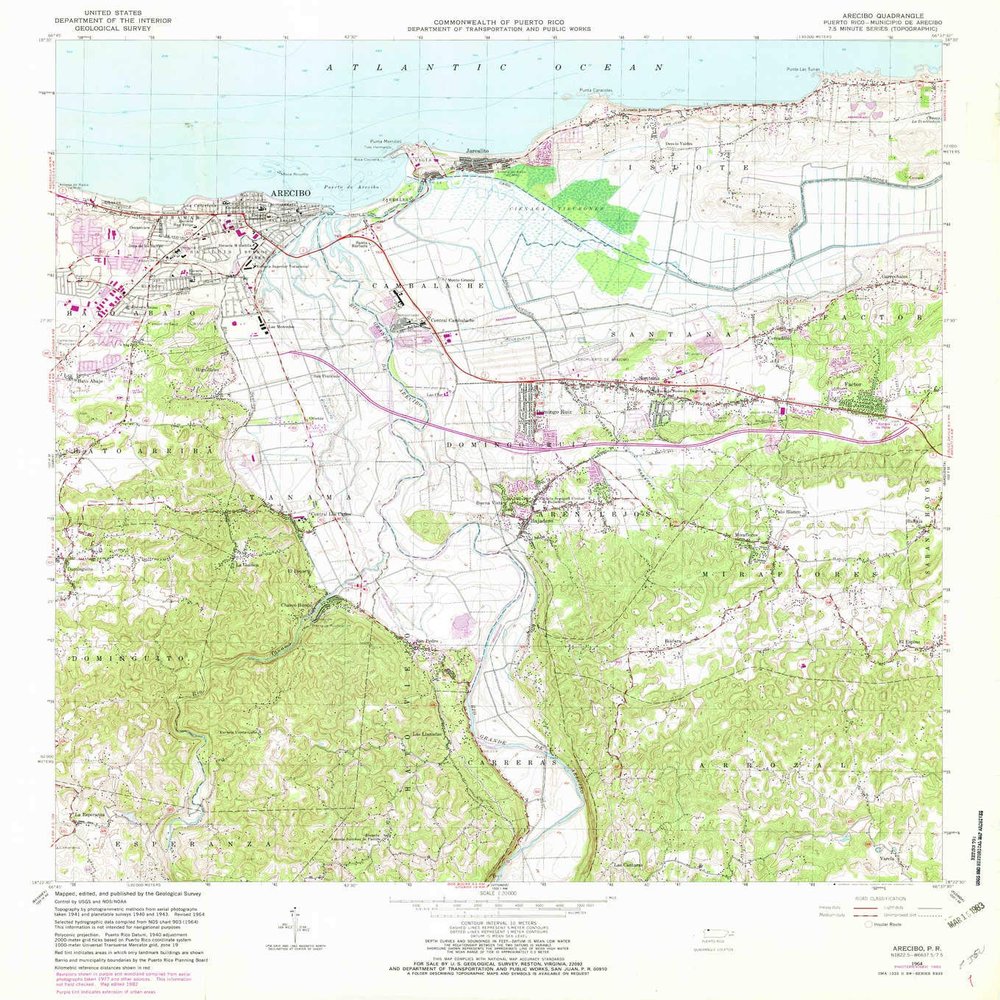 YellowMaps Arecibo PR topo map, 1:20000 Scale, 7.5 X 7.5 Minute, Historical, 1964, Updated 1982, 32.4 x 29.3 in - Polypropylene