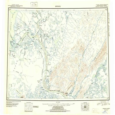 YellowMaps Kwiguk AK topo map, 1:250000 Scale, 1 X 3 Degree, Historical, 1952, 23 x 28.7 in - Tyvek