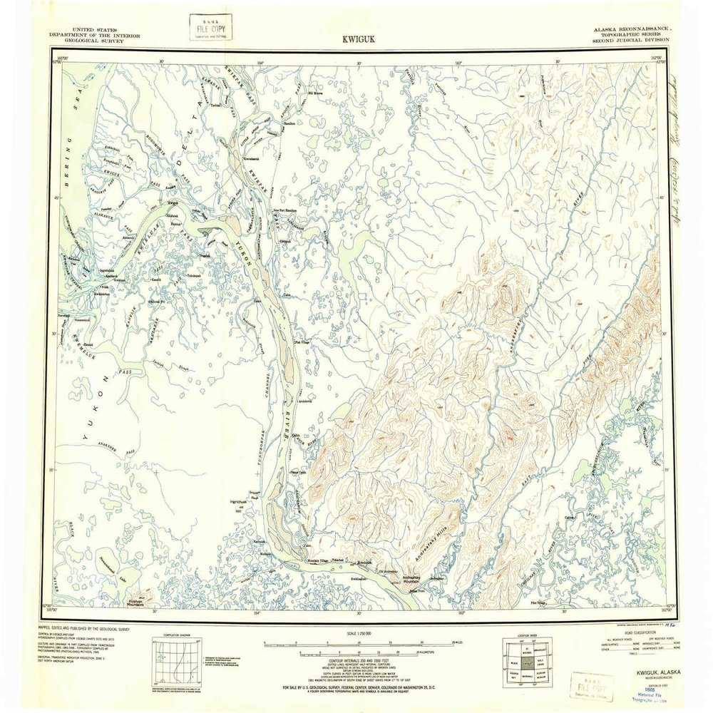 YellowMaps Kwiguk AK topo map, 1:250000 Scale, 1 X 3 Degree, Historical, 1952, 23 x 28.7 in - Tyvek