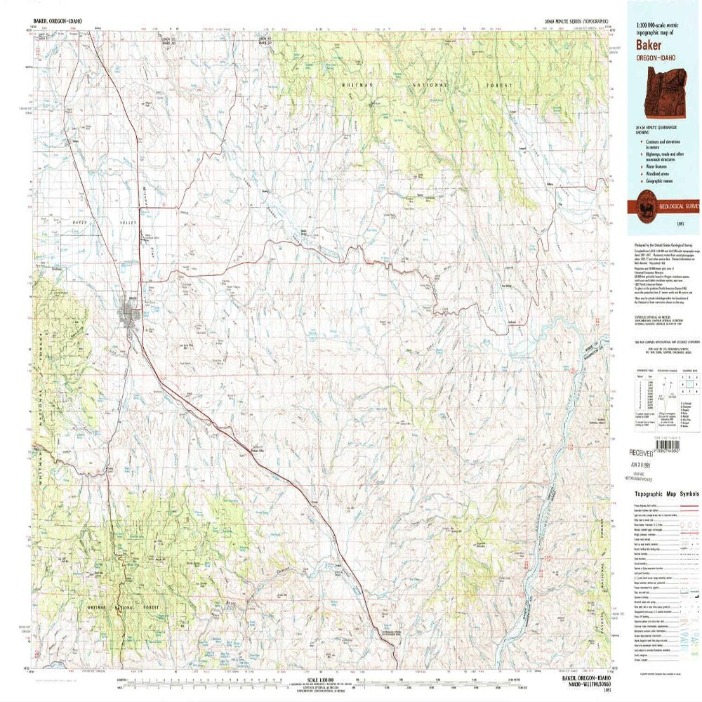 YellowMaps Baker OR topo map, 1:100000 Scale, 30 X 60 Minute, Historical, 1981, Updated 1981, 24.1 x 37.9 in - Tyvek