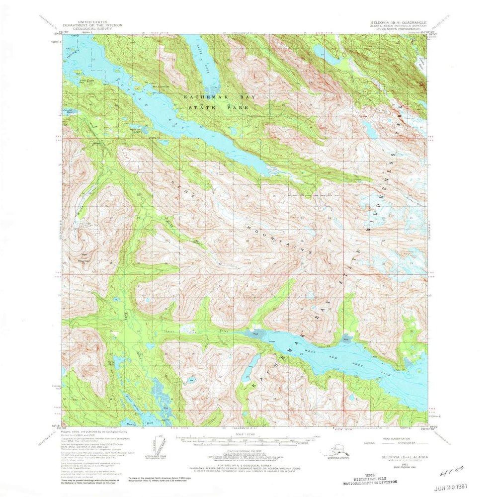 Seldovia B 4 AK topo map, 1:63360 Scale, 15 X 15 Minute, Historical, 1951, Updated 1981, 21.9 x 18 in - Tyvek
