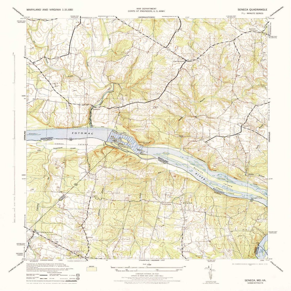 YellowMaps Seneca MD topo map, 1:31680 Scale, 7.5 X 7.5 Minute, Historical, 1944, 20.9 x 16.2 in - Polypropylene