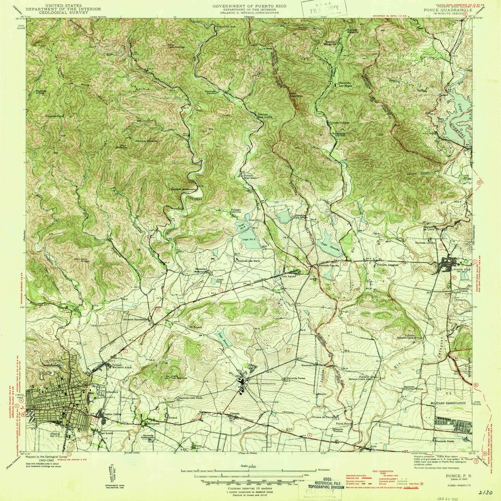 YellowMaps Ponce PR topo map, 1:30000 Scale, 7.5 X 7.5 Minute, Historical, 1945, 21 x 19.5 in - Polypropylene