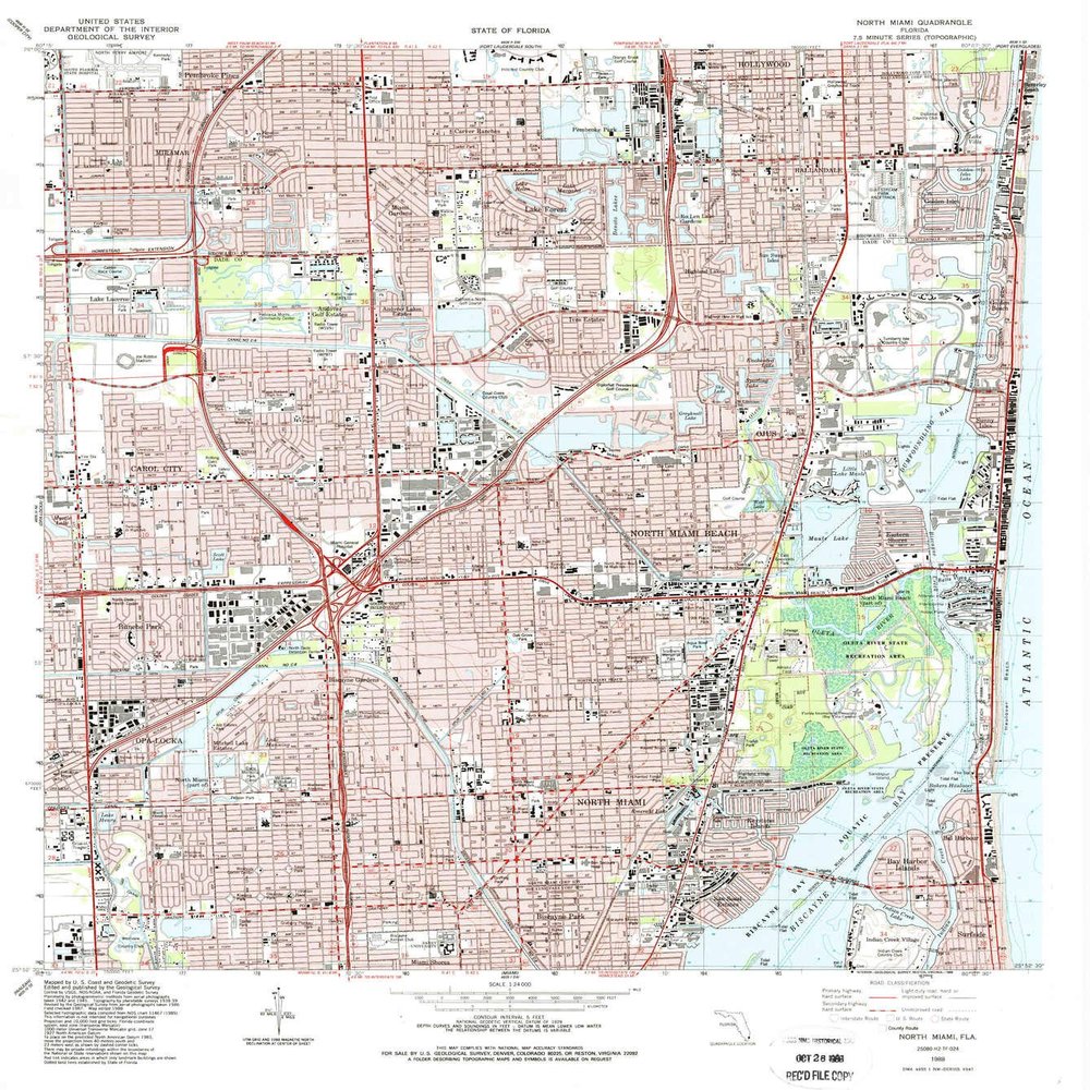 YellowMaps North Miami FL topo map, 1:24000 Scale, 7.5 X 7.5 Minute, Historical, 1988, Updated 1988, 26.9 x 24 in - Polypropylene