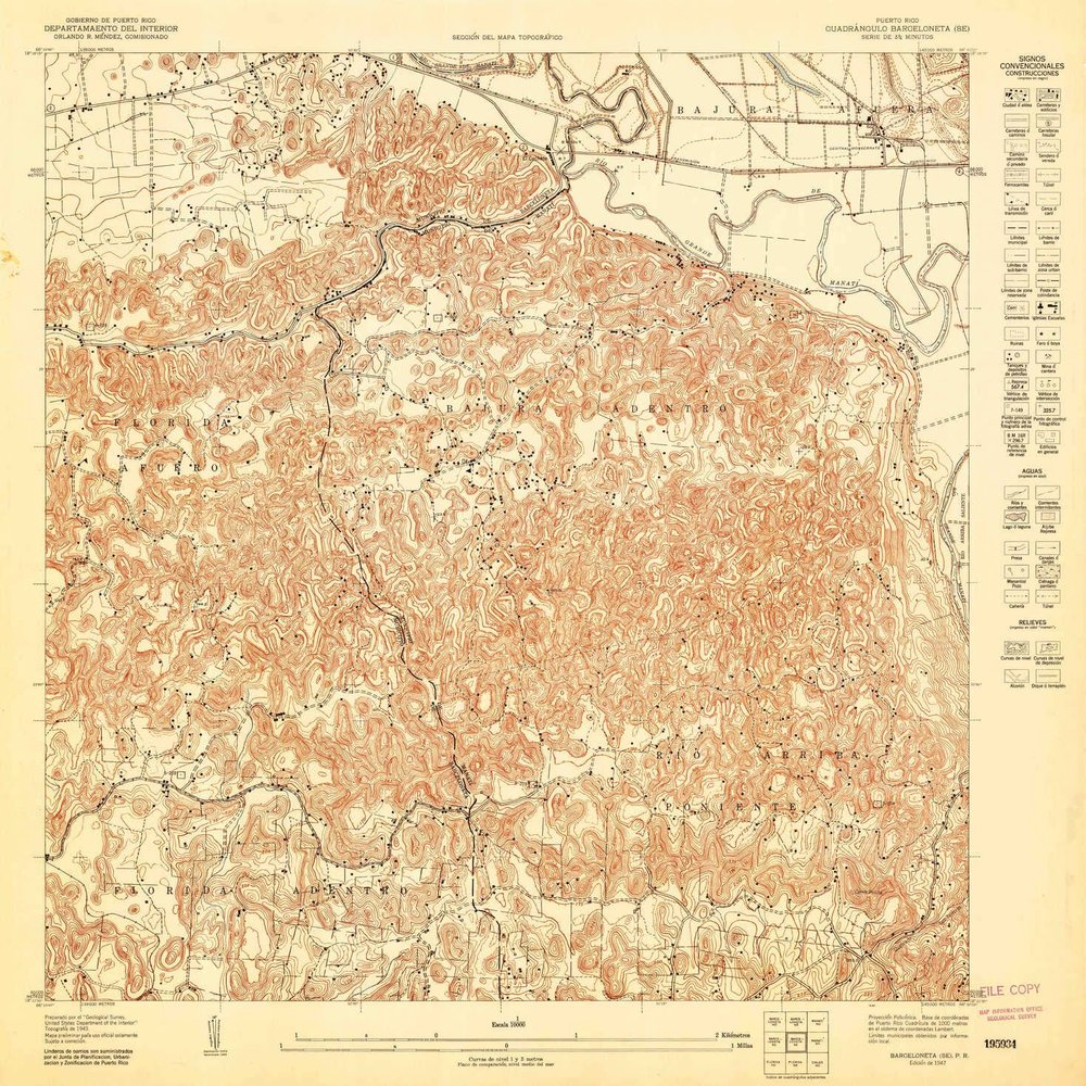 YellowMaps Barceloneta SE PR topo map, 1:10000 Scale, 3.75 X 3.75 Minute, Historical, 1947, 31.2 x 30.6 in - Tyvek