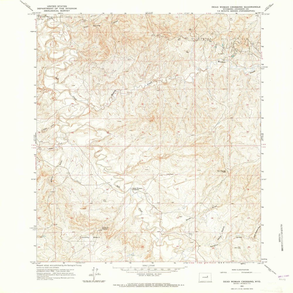 YellowMaps Dead Woman Crossing WY topo map, 1:24000 Scale, 7.5 X 7.5 Minute, Historical, 1961, Updated 1965, 26.9 x 21.7 in - Polypropylene