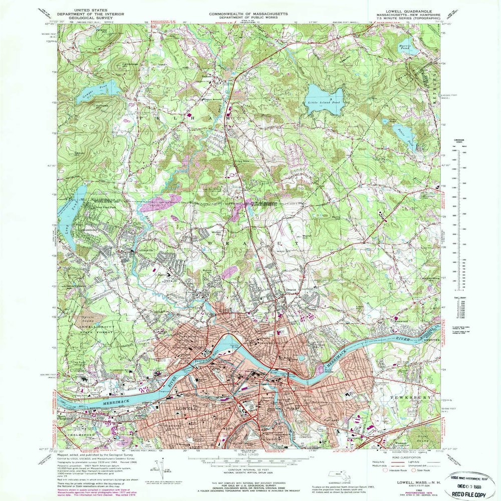 Lowell MA topo map, 1:24000 Scale, 7.5 X 7.5 Minute, Historical, 1969, Updated 1988, 26.9 x 22 in - Polypropylene