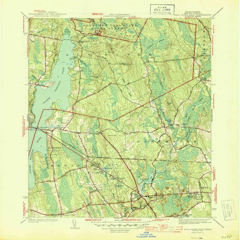 YellowMaps Fall River East MA topo map, 1:31680 Scale, 7.5 X 7.5 Minute, Historical, 1944, 20.8 x 17 in - Polypropylene