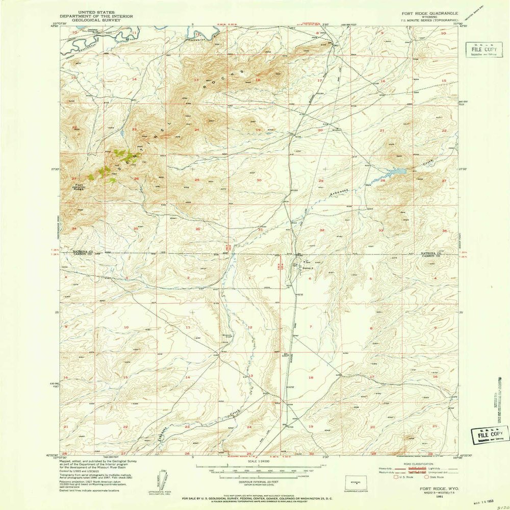 YellowMaps Fort Ridge WY topo map, 1:24000 Scale, 7.5 X 7.5 Minute, Historical, 1951, Updated 1953, 27.1 x 21.6 in - Tyvek