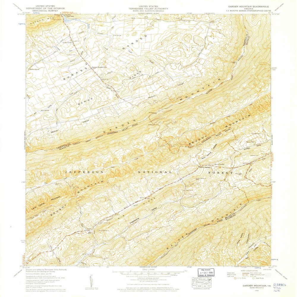 YellowMaps Garden Mountain VA topo map, 1:24000 Scale, 7.5 X 7.5 Minute, Historical, 1958, Updated 1960, 26.82 x 22.1 in - Polypropylene