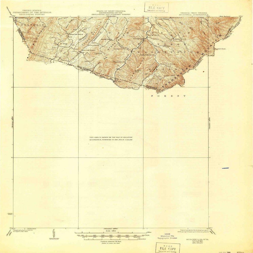 Mc Dowell VA topo map, 1:62500 Scale, 15 X 15 Minute, Historical, 1924, Updated 1944, 21 x 17.9 in - Polypropylene