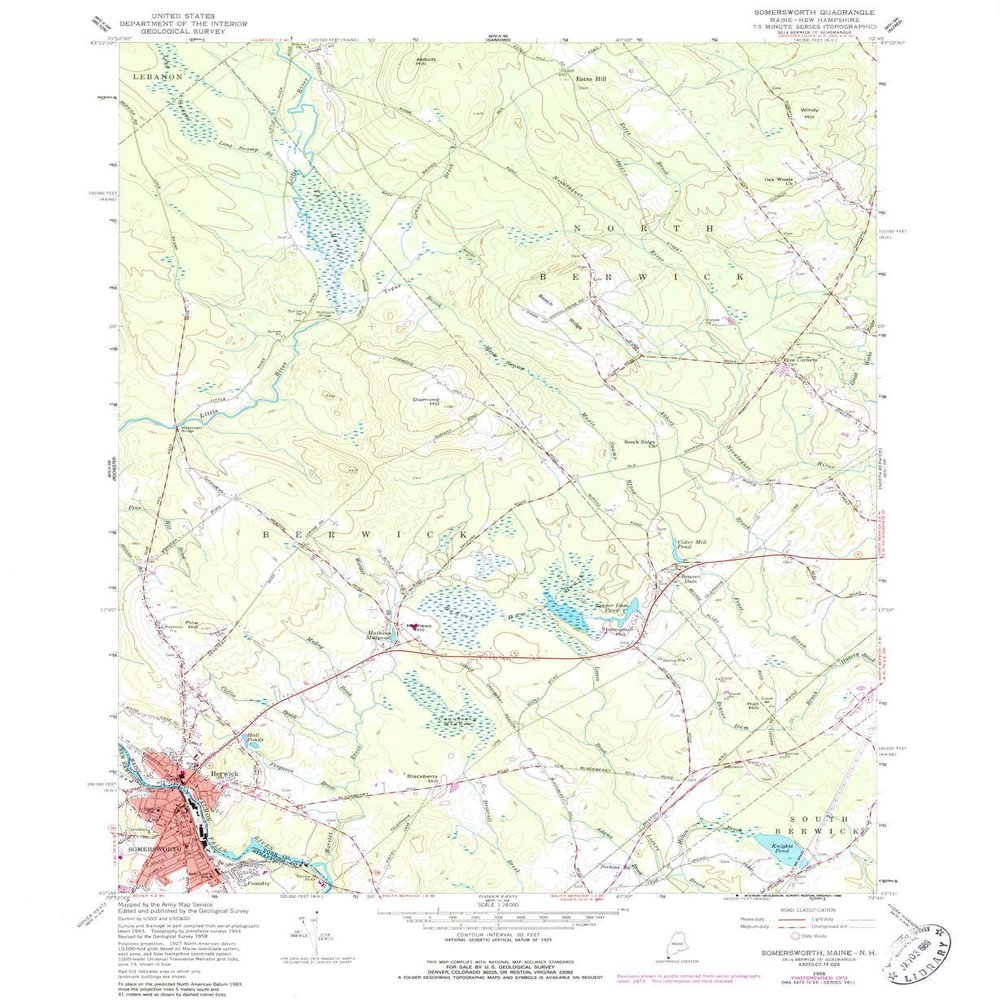 YellowMaps Somersworth NH topo map, 1:24000 Scale, 7.5 X 7.5 Minute, Historical, 1958, Updated 1988, 26.8 x 22 in - Tyvek