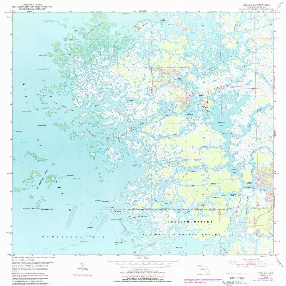 Ozello FL topo map, 1:24000 Scale, 7.5 X 7.5 Minute, Historical, 1954, Updated 1988, 26.9 x 21.9 in - Polypropylene