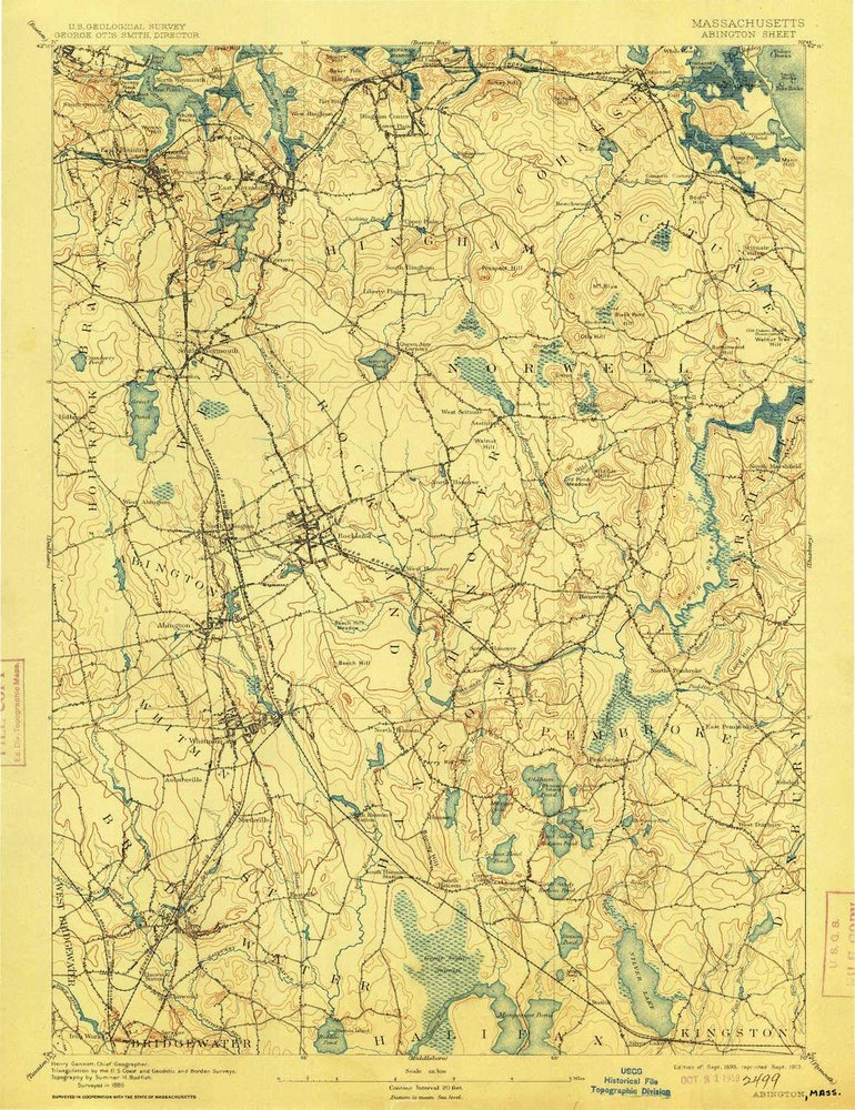YellowMaps Abington MA topo map, 1:62500 Scale, 15 X 15 Minute, Historical, 1893, Updated 1913, 19.2 x 14.8 in - Tyvek