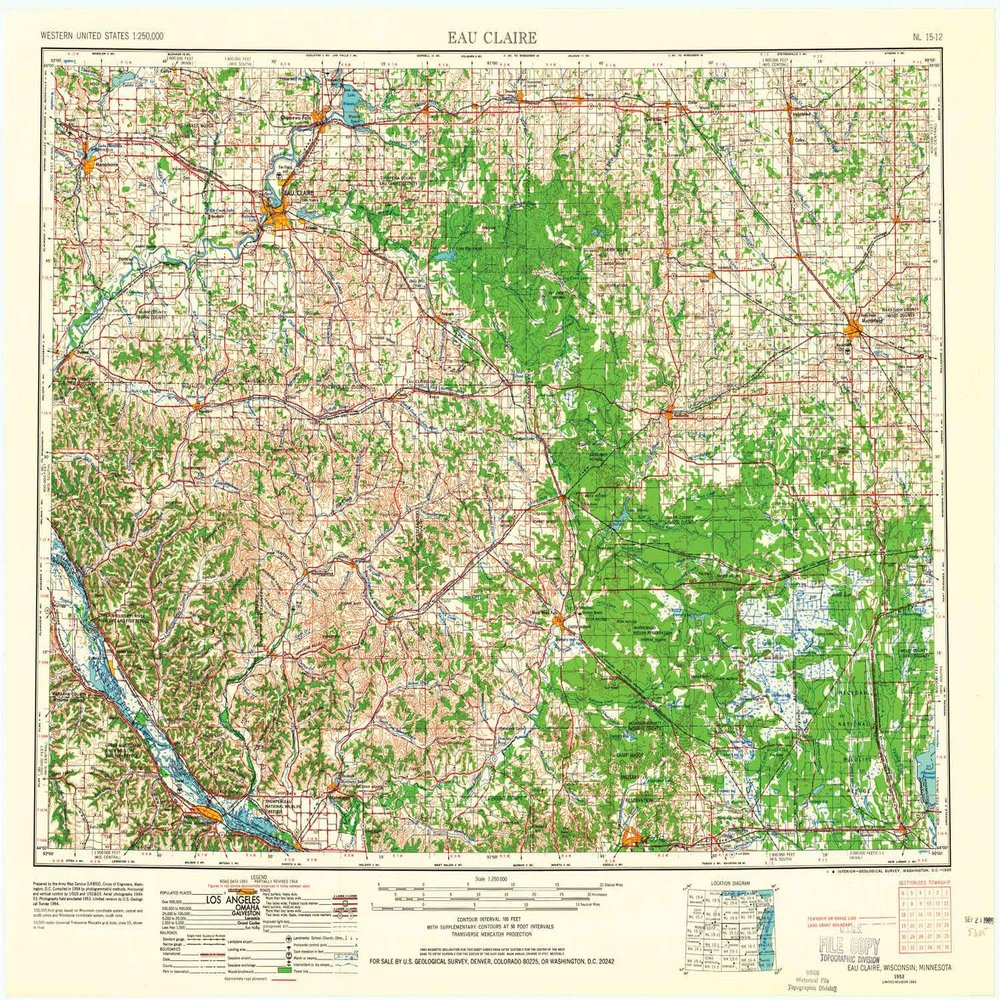 YellowMaps Eau Claire WI topo map, 1:250000 Scale, 1 X 2 Degree, Historical, 1953, Updated 1965, 22.33 x 28.46 in - Tyvek
