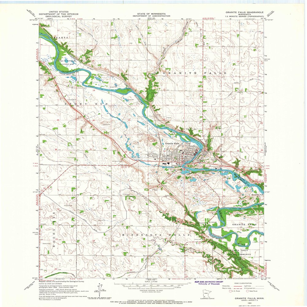 YellowMaps Granite Falls MN topo map, 1:24000 Scale, 7.5 X 7.5 Minute, Historical, 1965, Updated 1967, 27.23 x 21.53 in - Polypropylene