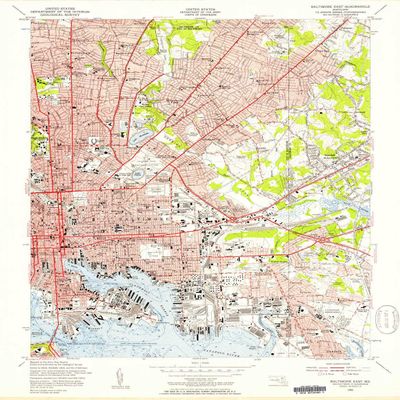 YellowMaps Baltimore East MD topo map, 1:24000 Scale, 7.5 X 7.5 Minute, Historical, 1953, Updated 1957, 27 x 20.9 in - Polypropylene