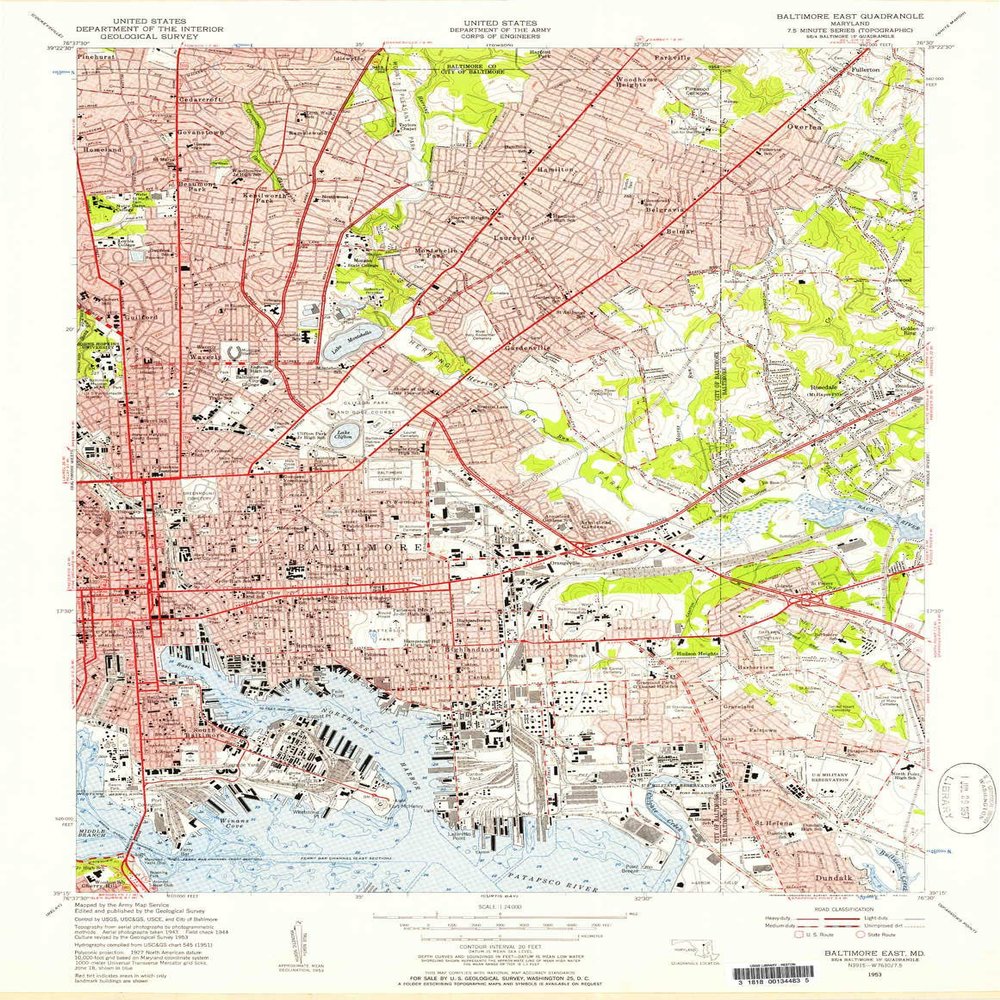 YellowMaps Baltimore East MD topo map, 1:24000 Scale, 7.5 X 7.5 Minute, Historical, 1953, Updated 1957, 27 x 20.9 in - Polypropylene