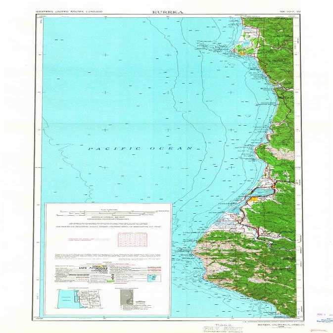 YellowMaps Eureka CA topo map, 1:250000 Scale, 2 X 1 Degree, Historical, 1958, Updated 1967, 38.8 x 17.4 in - Polypropylene