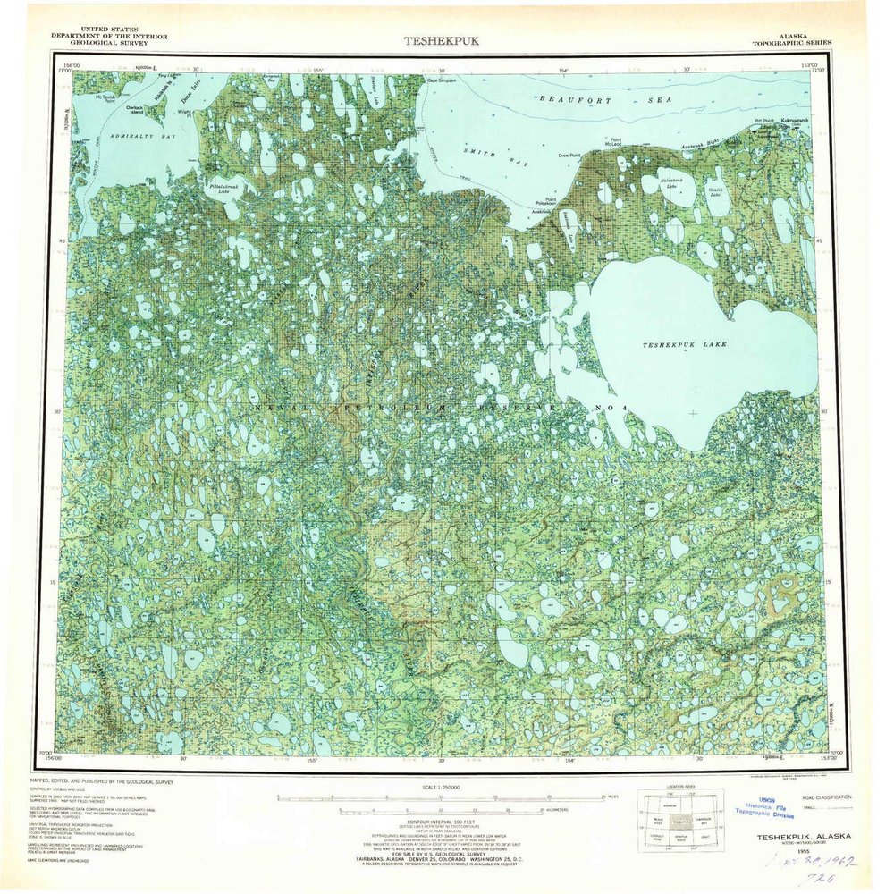 YellowMaps Teshekpuk AK topo map, 1:250000 Scale, 1 X 3 Degree, Historical, 1955, Updated 1962, 23 x 20.8 in - Tyvek