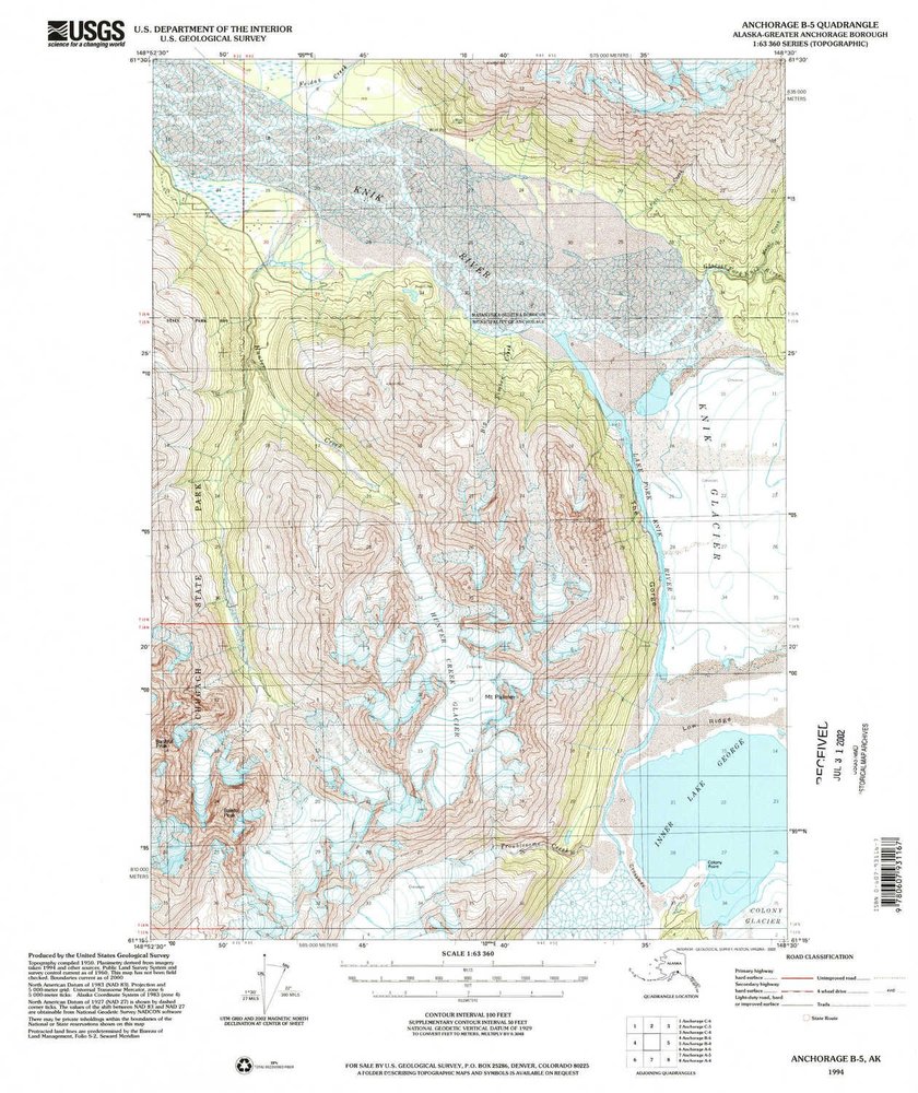 YellowMaps Anchorage B 5 AK topo map, 1:63360 Scale, 15 X 15 Minute, Historical, 1994, Updated 2002, 21.5 x 18 in - Polypropylene
