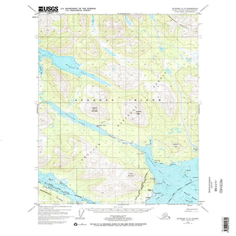 YellowMaps Afognak A 3 AK topo map, 1:63360 Scale, 15 X 15 Minute, Historical, 1952, Updated 1984, 21.5 x 18 in - Polypropylene
