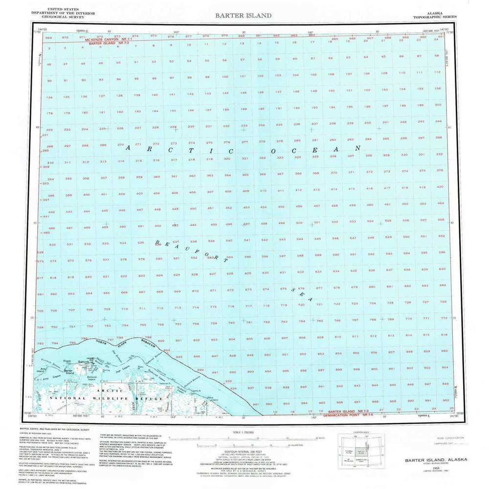 YellowMaps Barter Island AK topo map, 1:250000 Scale, 1 X 3 Degree, Historical, 1959, 22.5 x 20.9 in - Polypropylene