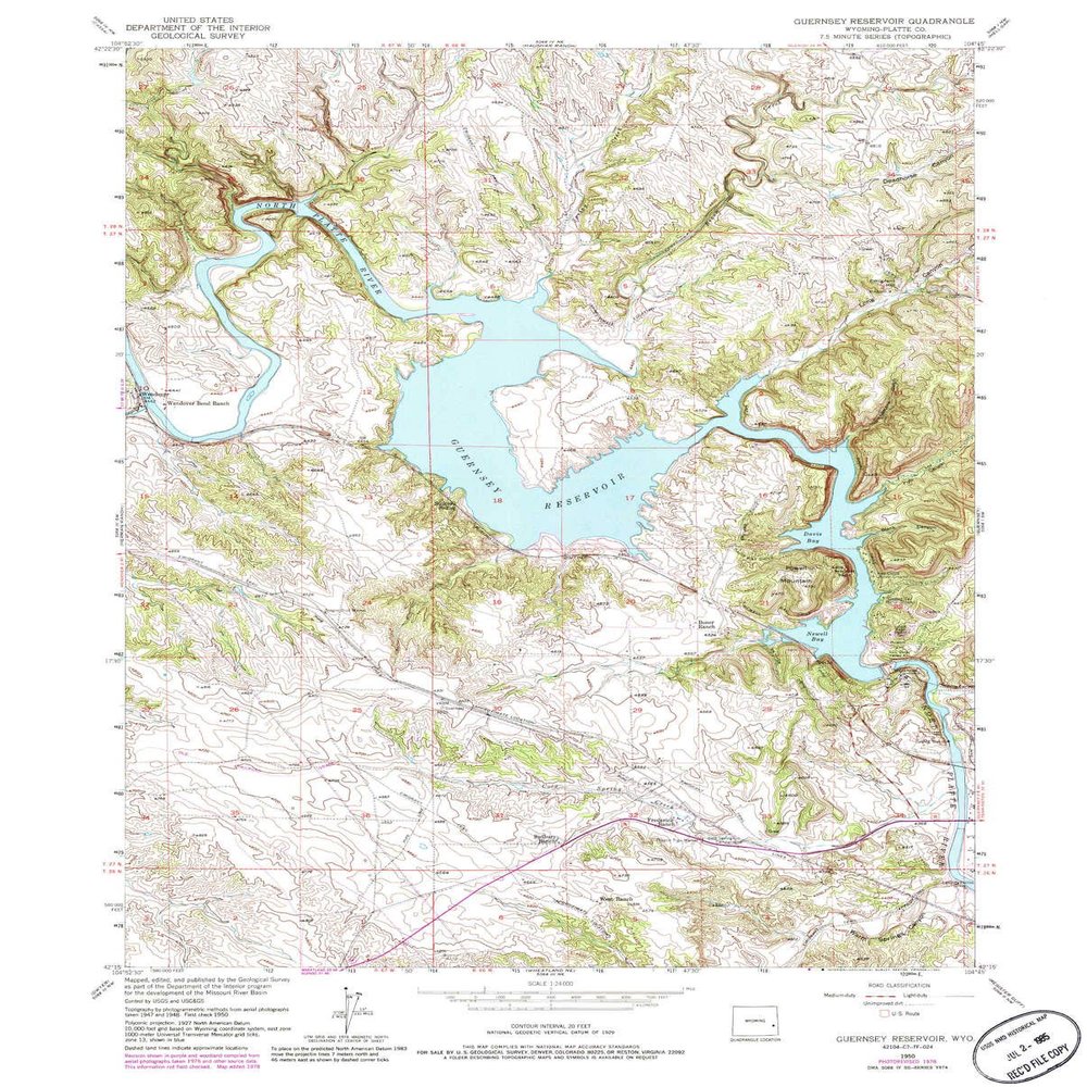 YellowMaps Guernsey Reservoir WY topo map, 1:24000 Scale, 7.5 X 7.5 Minute, Historical, 1950, Updated 1985, 27 x 21.7 in - Polypropylene