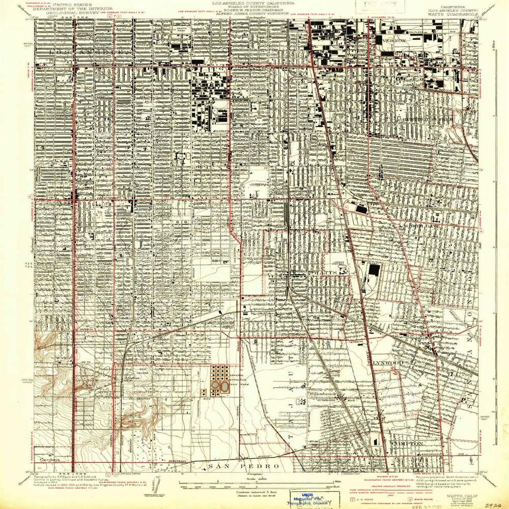 YellowMaps Watts CA topo map, 1:24000 Scale, 7.5 X 7.5 Minute, Historical, 1937, Updated 1942, 20.4 x 17.4 in - Polypropylene