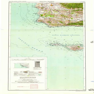 YellowMaps Santa Maria CA topo map, 1:250000 Scale, 2 X 1 Degree, Historical, 1958, Updated 1958, 38 x 18.8 in - Tyvek