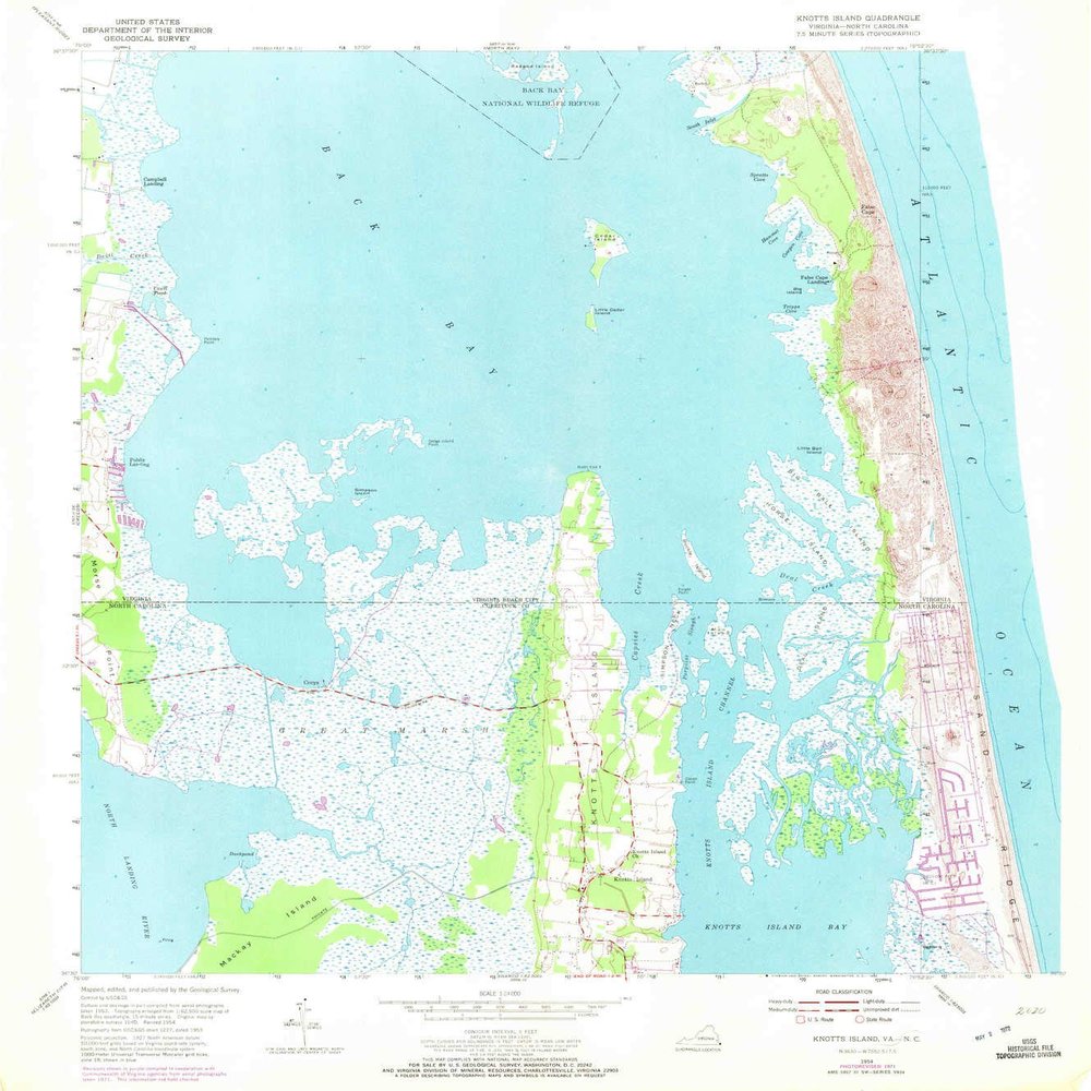 YellowMaps Knotts Island NC topo map, 1:24000 Scale, 7.5 X 7.5 Minute, Historical, 1954, Updated 1972, 26.9 x 23.9 in - Polypropylene