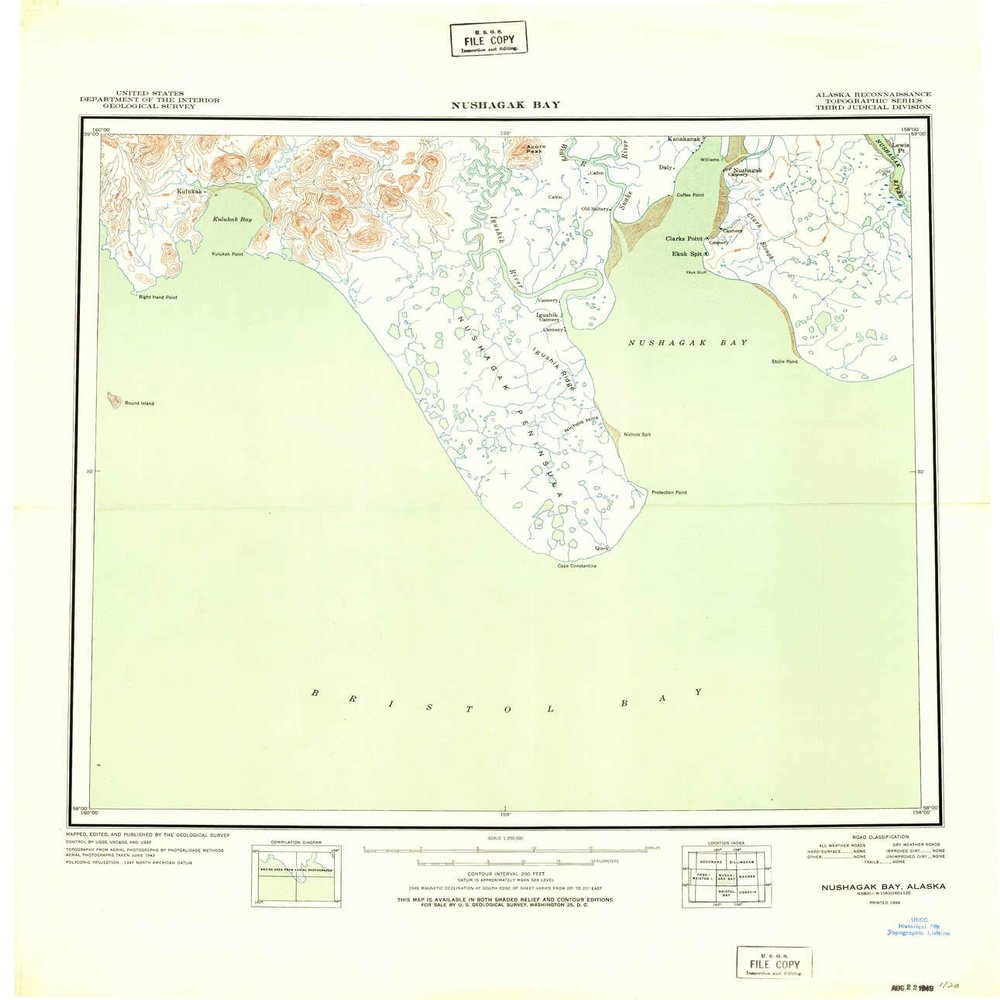 YellowMaps Nushagak Bay AK topo map, 1:250000 Scale, 1 X 2 Degree, Historical, 1949, 26 x 22.4 in - Polypropylene