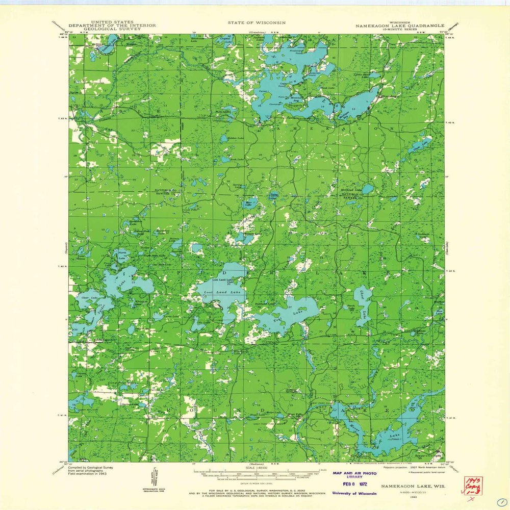 YellowMaps Namekagon Lake WI topo map, 1:48000 Scale, 15 X 15 Minute, Historical, 1943, Updated 1968, 27.15 x 21.5 in - Polypropylene