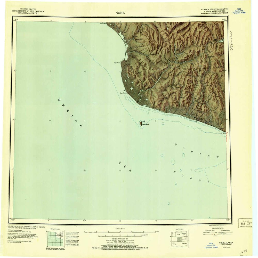 YellowMaps Nome AK topo map, 1:250000 Scale, 1 X 3 Degree, Historical, 1951, 22.9 x 27.8 in - Tyvek