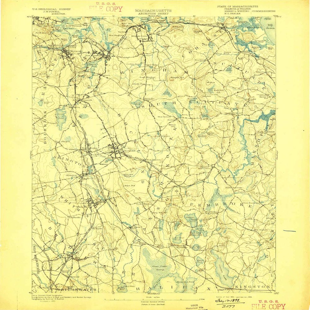 YellowMaps Abington MA topo map, 1:62500 Scale, 15 X 15 Minute, Historical, 1893, Updated 1898, 19.6 x 16.6 in - Polypropylene