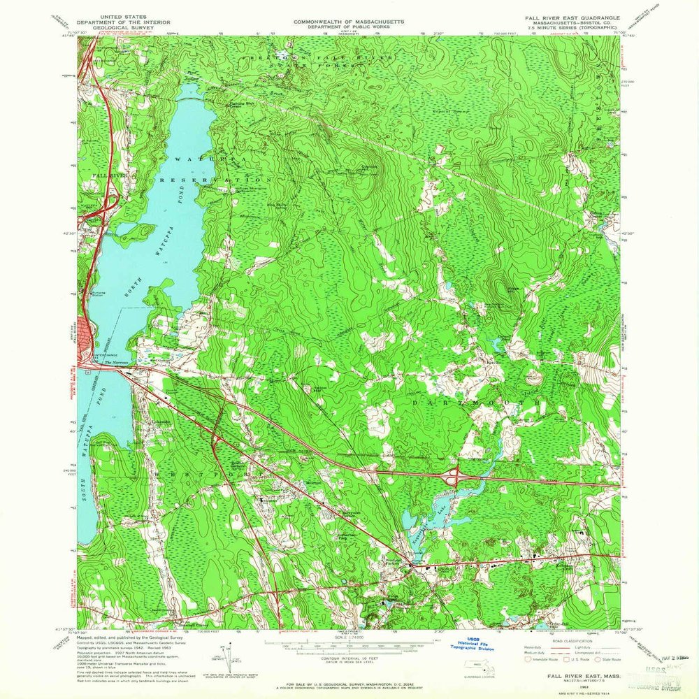 YellowMaps Fall River East MA topo map, 1:24000 Scale, 7.5 X 7.5 Minute, Historical, 1963, Updated 1965, 26.8 x 22 in - Tyvek