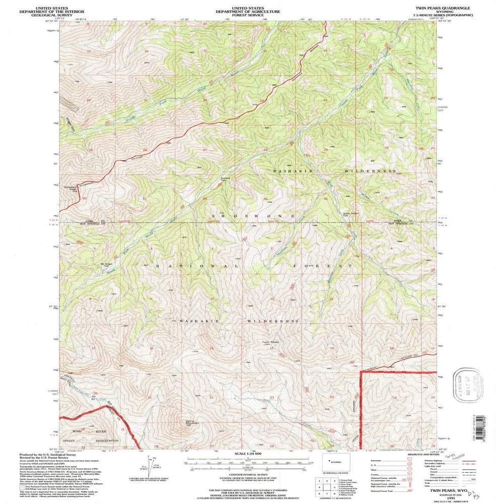 YellowMaps Twin Peaks WY topo map, 1:24000 Scale, 7.5 X 7.5 Minute, Historical, 1991, Updated 1997, 26.8 x 22 in - Tyvek