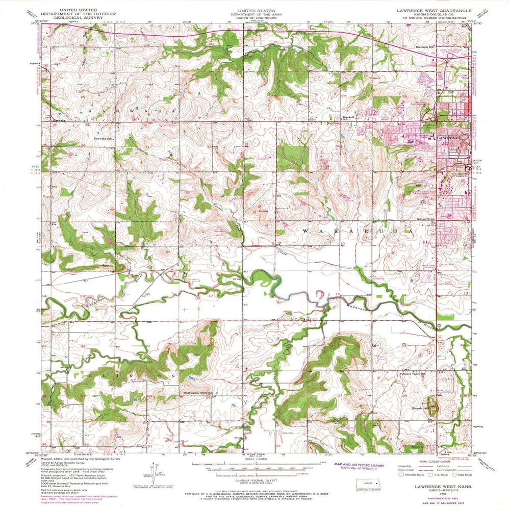 YellowMaps Lawrence West KS topo map, 1:24000 Scale, 7.5 X 7.5 Minute, Historical, 1950, Updated 1968, 27.02 x 21.07 in - Tyvek