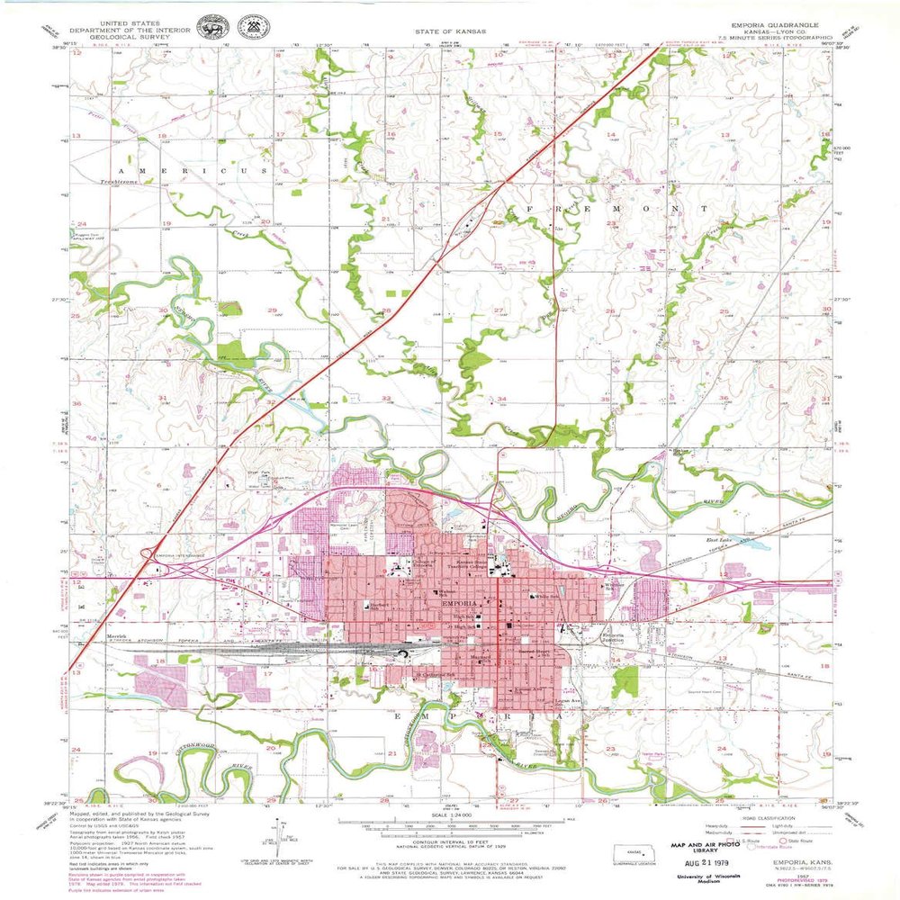YellowMaps Emporia KS topo map, 1:24000 Scale, 7.5 X 7.5 Minute, Historical, 1957, Updated 1979, 27.1 x 21.11 in - Polypropylene