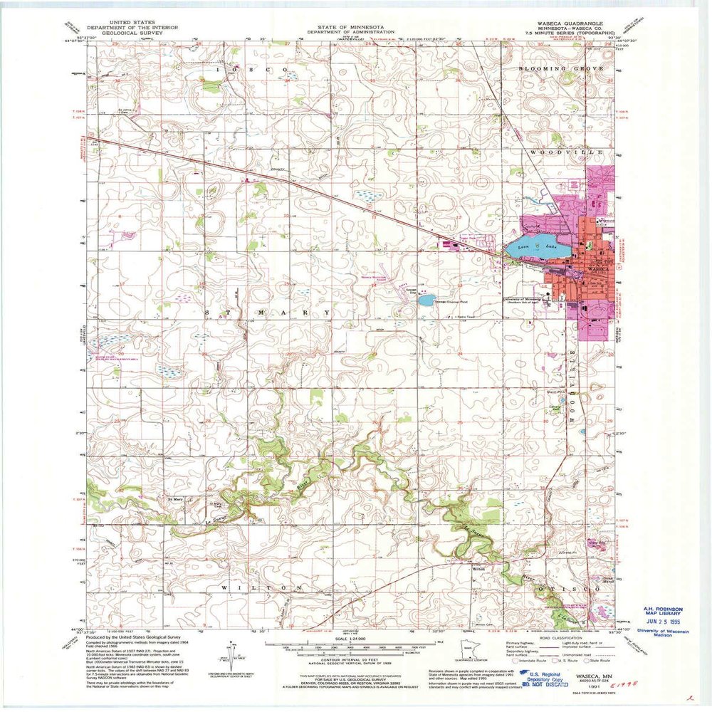 YellowMaps Waseca MN topo map, 1:24000 Scale, 7.5 X 7.5 Minute, Historical, 1991, Updated 1995, 27.23 x 21.53 in - Polypropylene