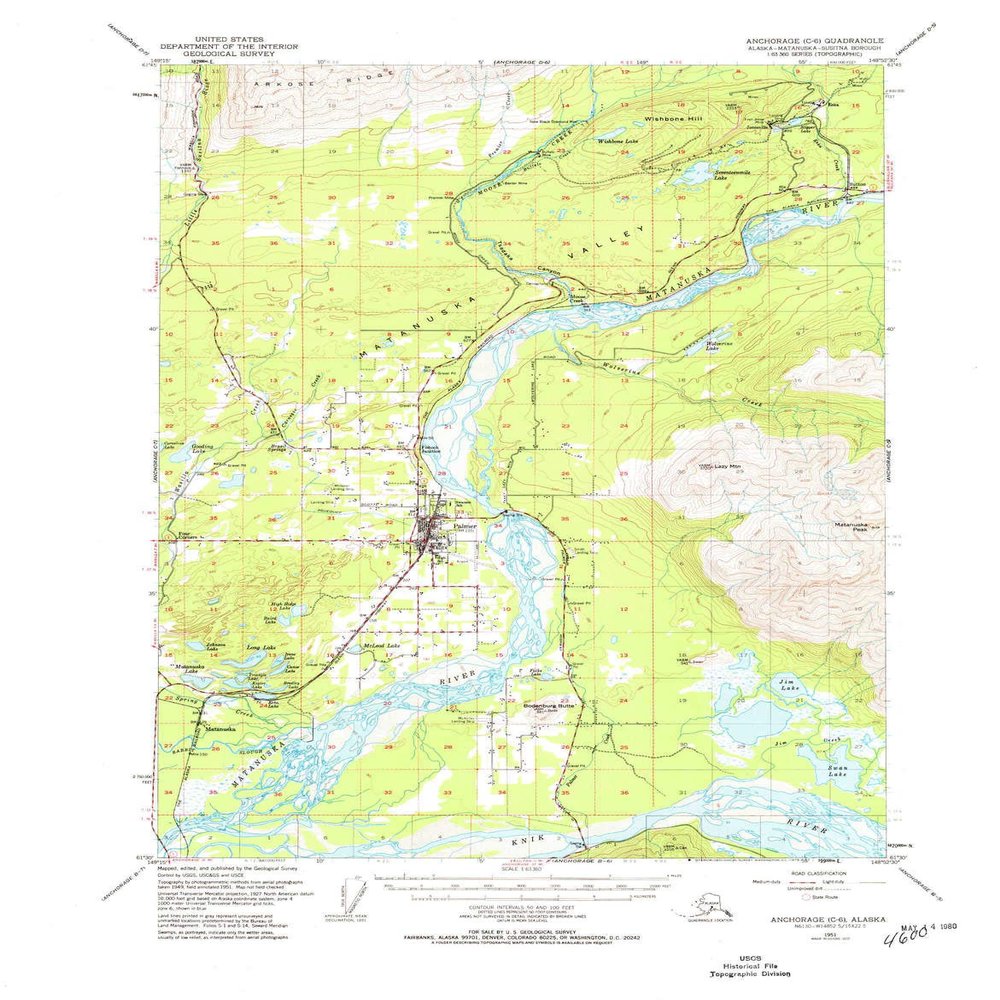 YellowMaps Anchorage C 6 AK topo map, 1:63360 Scale, 15 X 15 Minute, Historical, 1951, Updated 1973, 21.8 x 17 in - Tyvek